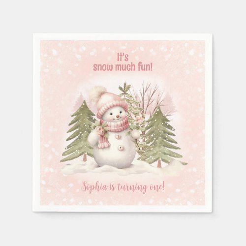 Vintage Snowman Pink Winter 1st Birthday Napkins