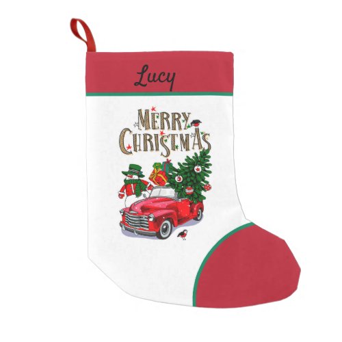 Vintage Snowman  red car Small Christmas Stocking