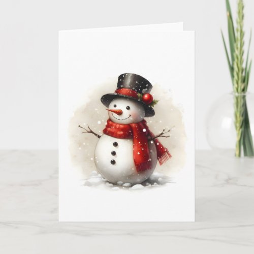 Vintage Snowman Red Scarf Black Hat Blank Holiday  Card