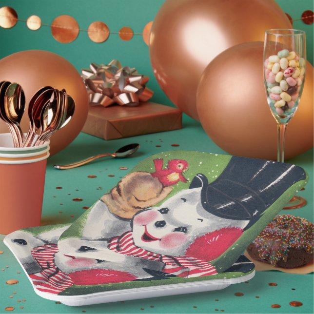 Vintage snowman retro Christmas party plate (Multi)