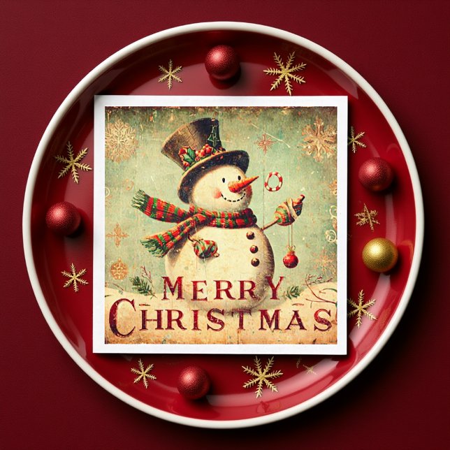 Vintage Snowman Rustic Red and Green Holidays Napkins (Vintage Snowman Rustic Red and Green Holidays Napkins)