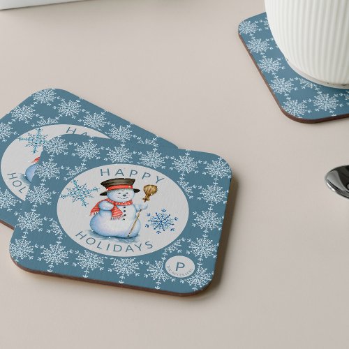 Vintage snowman snowflakes pattern blue square paper coaster