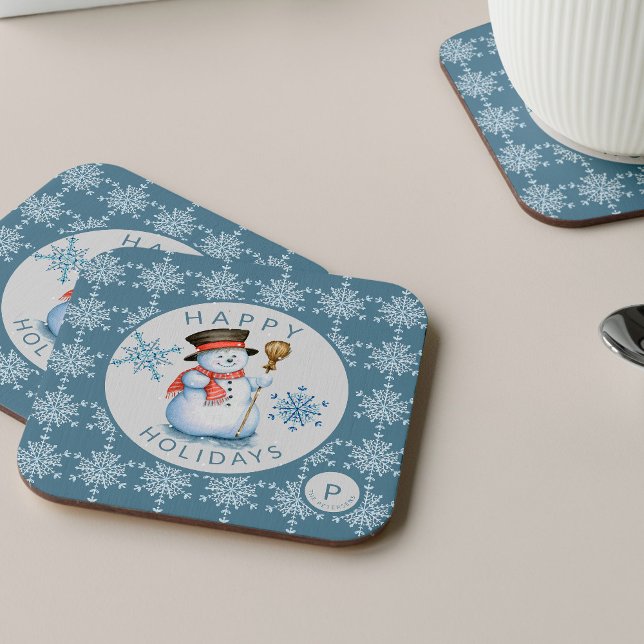 Vintage snowman snowflakes pattern blue square paper coaster (Creator Uploaded)