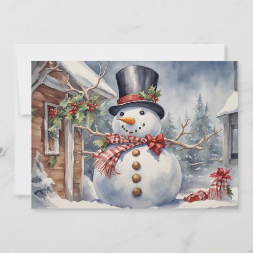 Vintage Snowman Top Hat Holly Berries Christmas Holiday Card