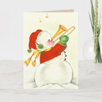 Vintage Snowman Trombone Holiday Card by xmasstore at Zazzle