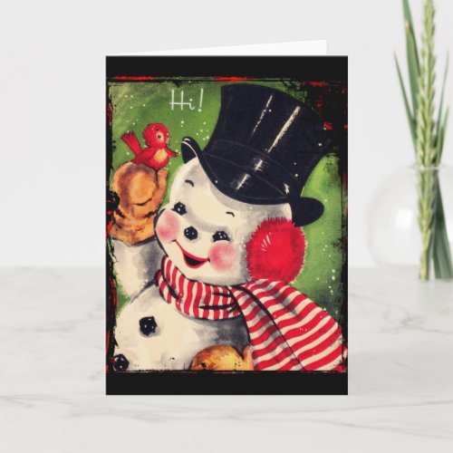 Vintage Snowman with a Red Bird Holiday Card
