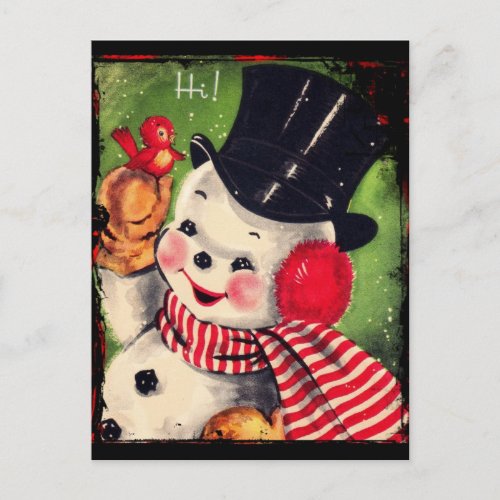 Vintage Snowman with a Red Bird Postcard