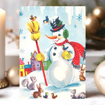 Vintage Snowman With Animals Christmas Holiday Card<br><div class="desc">Celebrate the holiday season with this charming vintage Christmas card featuring a joyful snowman surrounded by adorable animals. The whimsical scene includes birds, squirrels, and a rabbit, all set against a colorful winter village backdrop. This nostalgic holiday card captures the magic and innocence of a classic Christmas, perfect for sending...</div>