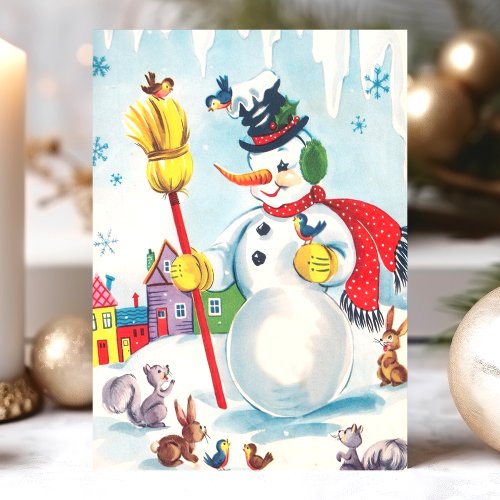 Christmas Greeting Cards 6 Vintage Snowman With Animals Christmas Holiday Card