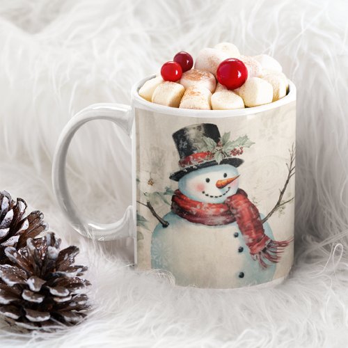 Vintage Snowman With Christmas Flowers Coffee Mug