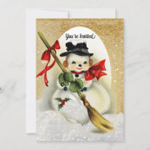 Vintage Snowman with Gold Glitter Christmas Party  Invitation