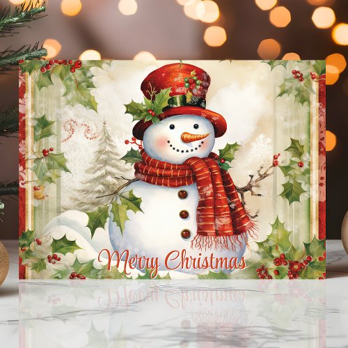 Christmas Greeting Cards 15 Vintage Snowman With Holly Merry Christmas Holiday Card