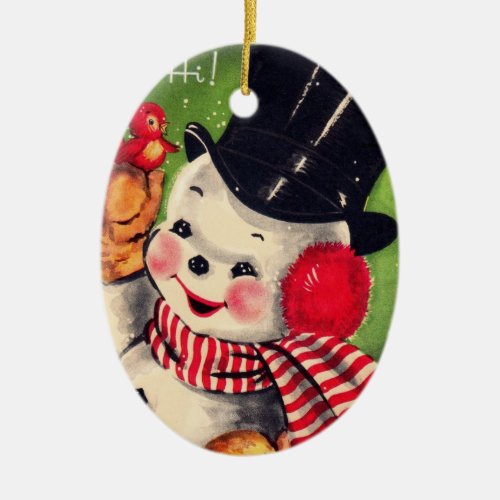 Vintage Snowman with Red Bird Ceramic Ornament