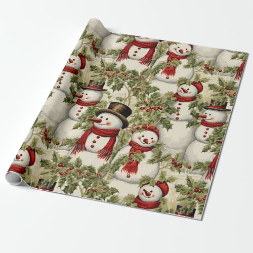 Vintage Snowmen And Holly  Wrapping Paper