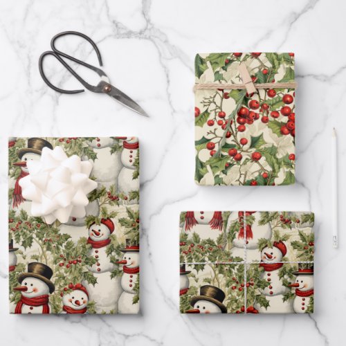 Vintage Snowmen And Holly  Wrapping Paper Sheets