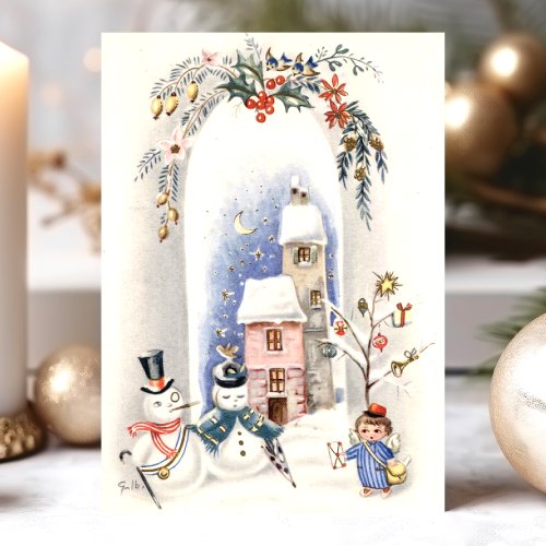 Vintage Snowmen Angel Boy Courier Christmas Holiday Card