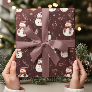 Vintage Snowmen on Burgundy Minimalistic Wrapping Paper