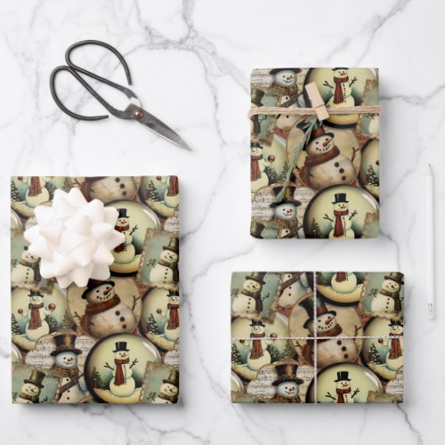 Vintage Snowmen Wonderland Collage Wrapping Paper Sheets