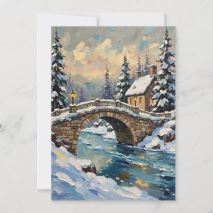 Vintage Snowy Christmas Bridge Over Frozen River Holiday Card