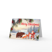 Vintage Snowy Christmas Santa and Forest Animals