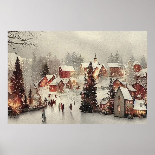 Vintage snowy holiday village poster (Front)