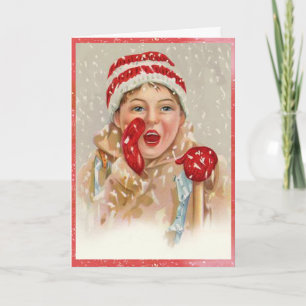 Vintage Snowy Mitten Girl Christmas Holiday Card