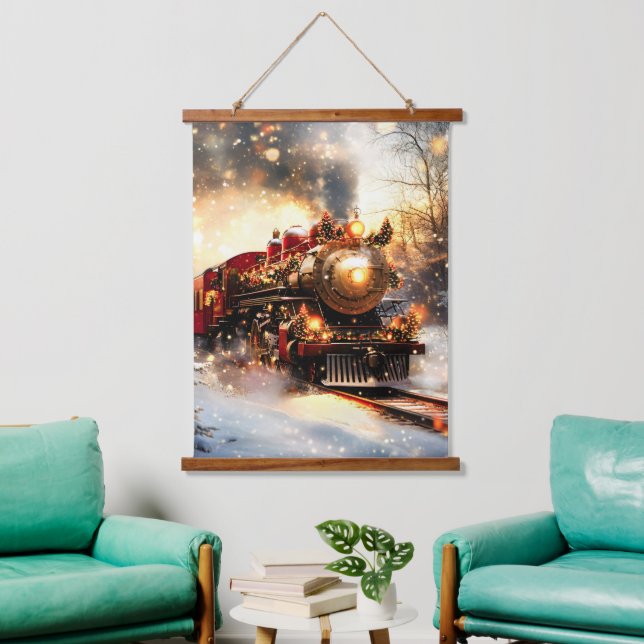 Vintage Snowy Night Christmas Train Express Hanging Tapestry (Living Room)