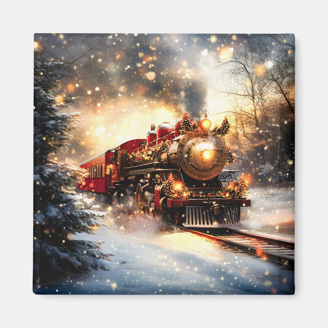 Vintage Snowy Night Christmas Train Express Magnet (Front)