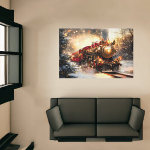 Vintage Snowy Night Christmas Train Express Rug