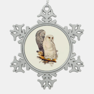 Vintage Snowy Owl Drawing Snowflake Pewter Christmas Ornament