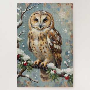 Vintage Snowy Owl with Christmas Pine Garland Art Jigsaw Puzzle