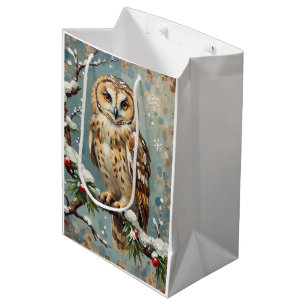 Vintage Snowy Owl with Christmas Pine Garland Art Medium Gift Bag