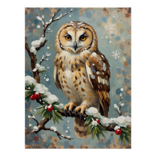 Vintage Snowy Owl with Christmas Pine Garland Art Poster