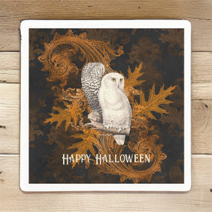 Vintage Snowy Owls on Orange Damask Halloween Napkins