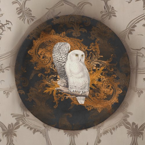 Vintage Snowy Owls on Orange Damask Halloween Paper Plates