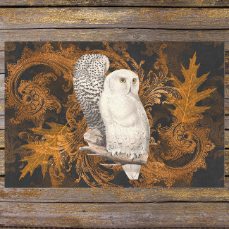 Vintage Snowy Owls on Orange Damask Halloween