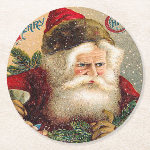 Vintage Snowy Santa Claus Merry Christmas Round Paper Coaster