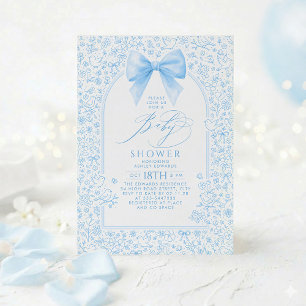 Vintage Soft Blue Bow Floral Toile Boy Baby Shower Invitation