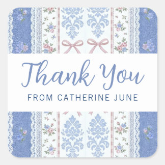 Vintage Soft Blue Floral Thank You with Name Square Sticker