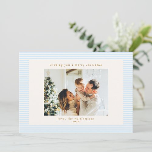 Vintage Soft Blue Stripes Custom Photo Christmas Holiday Card