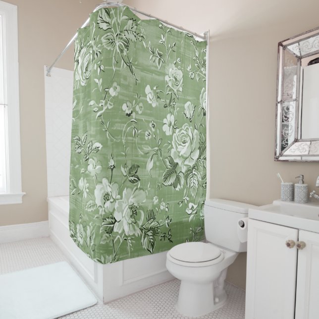 Vintage Soft Green Boho Shower Curtain (In Situ)