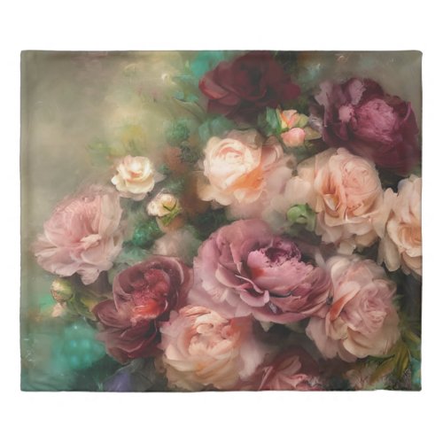 Vintage Soft Pink And Burgundy Roses Painted Duvet Cover