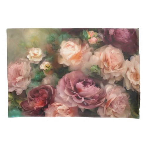Vintage Soft Pink And Burgundy Roses Painted Pillow Case