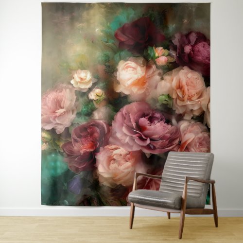 Vintage Soft Pink And Burgundy Roses Painted Tapestry