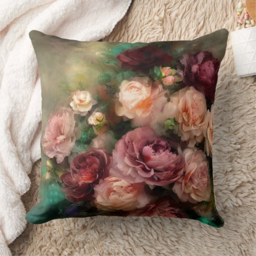 Vintage Soft Pink And Burgundy Roses Painted Throw Pillow