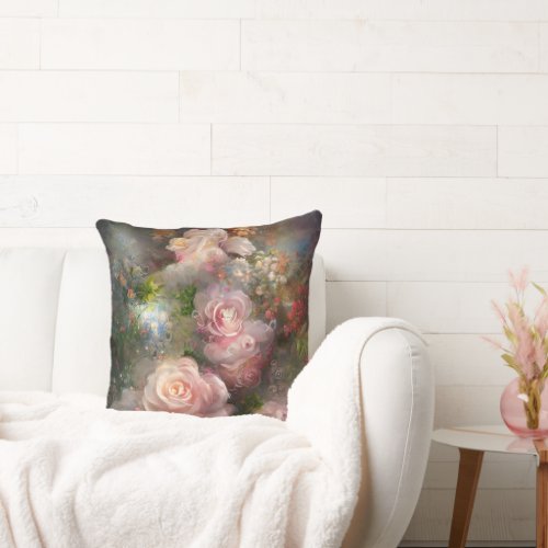 Vintage Soft Pink Roses Painted In Watercolor Tape Throw Pillow