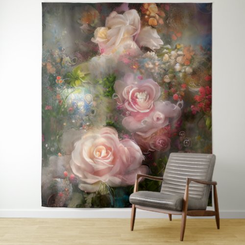 Vintage Soft Pink Roses Painted In Watercolor Tapestry