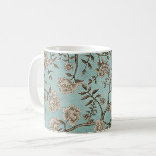 Vintage Soft Teal Chinoiserie Floral  Greenery Coffee Mug