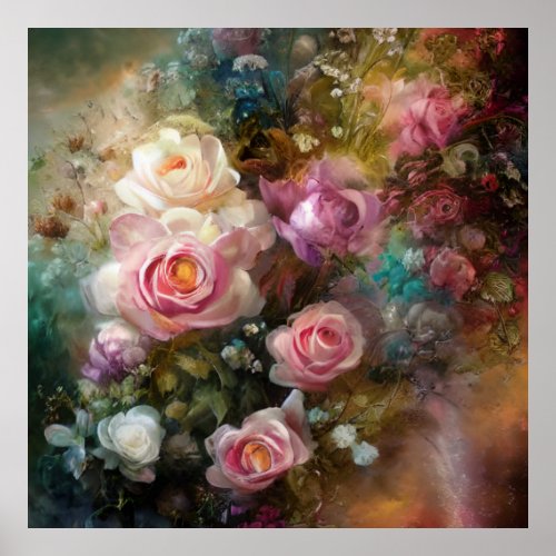 Vintage Soft White And Pink Roses Painted Poster