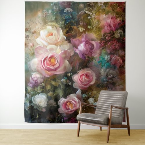 Vintage Soft White And Pink Roses Painted Tapestry